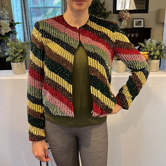 SOLD NWT Alice + Olivia Sequin & Beaded Jacket with Multi Colored Block Small - Picture 2 of 15